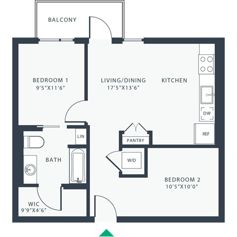 Floor plan for 1 bed, 1 bath, 705 sqft